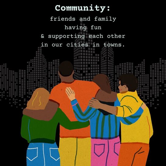 A black background with a skyline, and in the foreground are a group of people facing the skyline, their arms around each other. The group appears multi-racial though we can't see their faces, and they all wear bright colored clothes. Above them is text, 