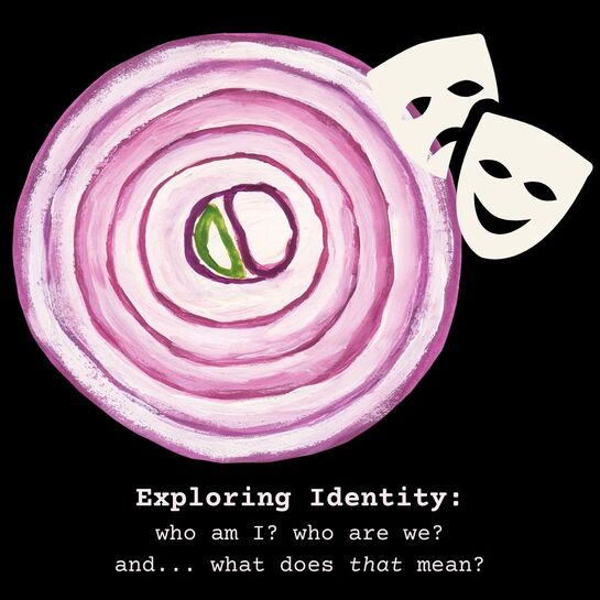 A large image of a slide of purple onion, showing all the layers with a cutout of a piece of new onion growth in green in the center. Overlapping it are classic theater happy/sad masks. Below text reads: 
